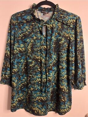 Ava & Grace Black Tie-Neck Blouse with Blue and Yellow Abstract Print